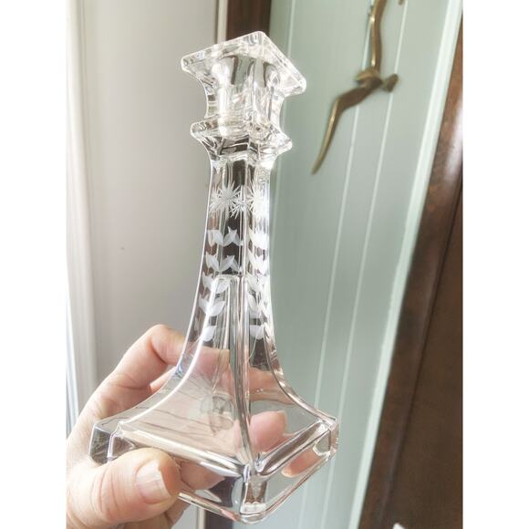 Pair Vintage Etched Glass Tapered Candle Stick Holders Etched Flower on 4 sides - Picture 6 of 6